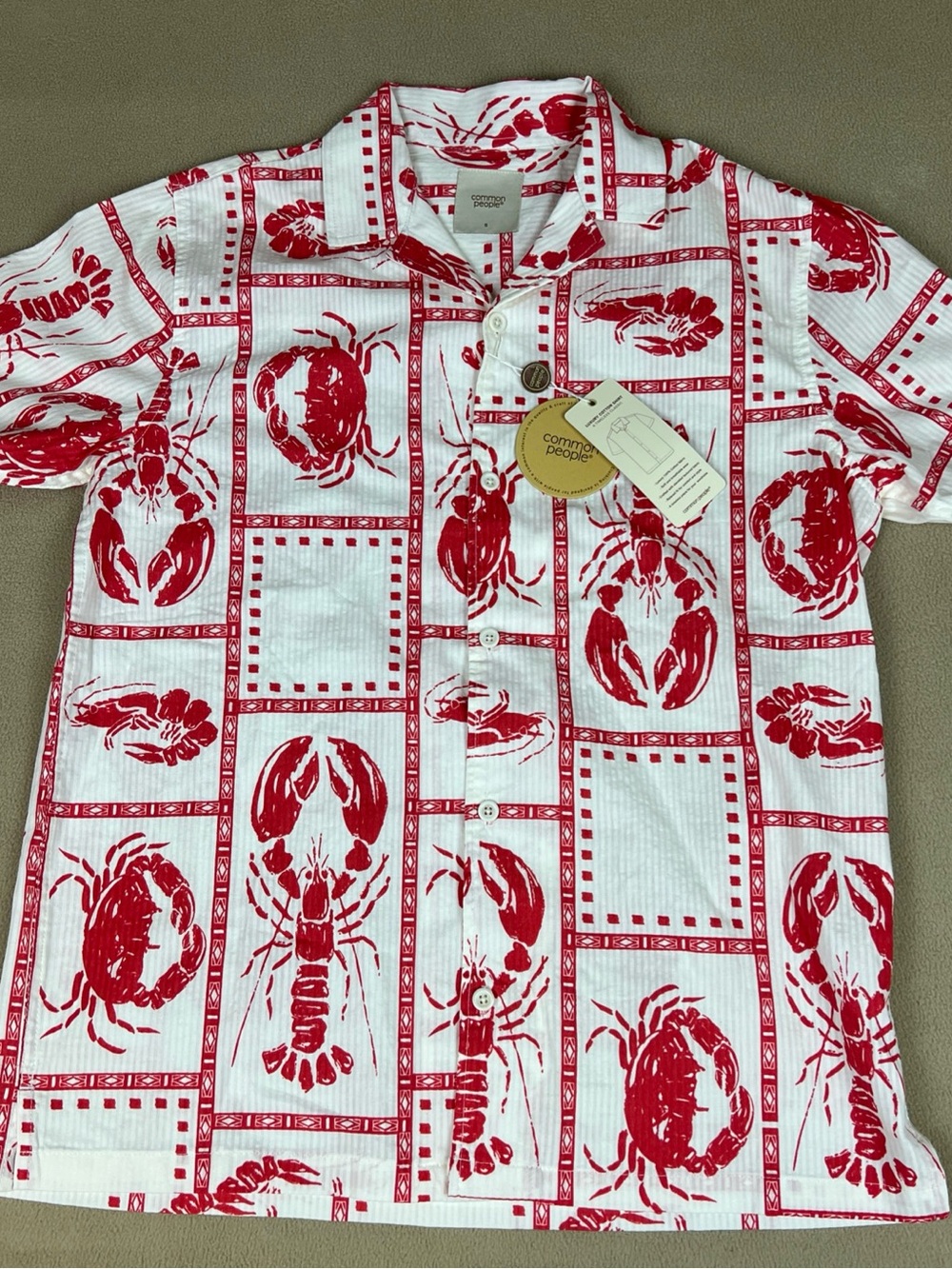 Common People Men’s White & Red Lobster Print Short-Sleeve Button-Down Shirt